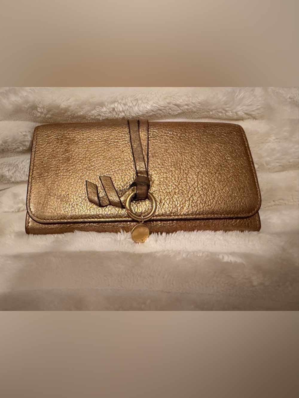 Chloe Metallic Gold Leather Wallet with Ring Charm